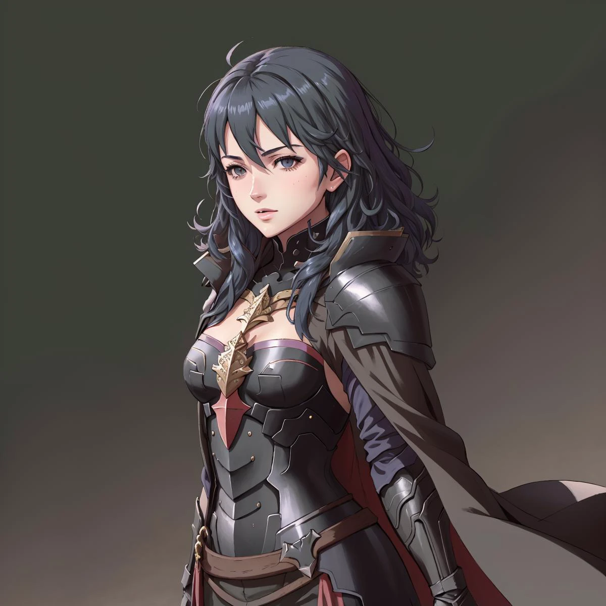 masterpiece, best quality, FE13-Style, fe13, Fire Emblem, Fire Emblem Awakening, femByleth, black shirt, black cape, shoulder armor, breastplate, looking at viewer, portrait, simple background <lora:FE13 Style v2:0.65> <lora:byleth-nvwls-v2:0.9>