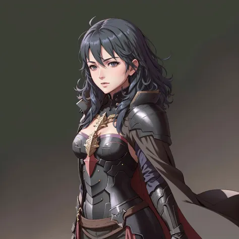 masterpiece, best quality, FE13-Style, fe13, Fire Emblem, Fire Emblem Awakening, femByleth, black shirt, black cape, shoulder armor, breastplate, looking at viewer, portrait, simple background <lora:FE13 Style v2:0.65>  <lora:byleth-nvwls-v2:0.9>