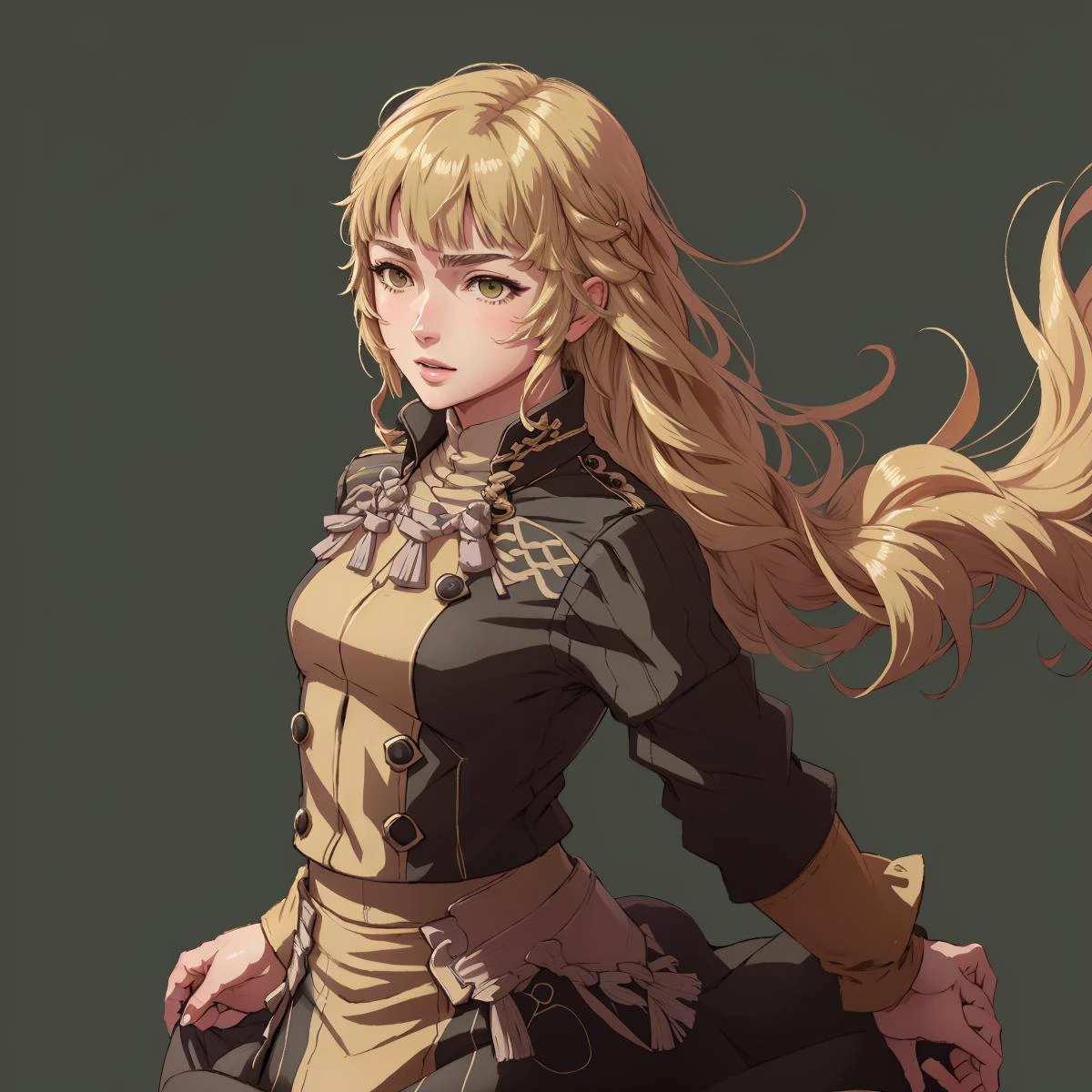 masterpiece, best quality, FE13-Style, fe13, Fire Emblem, Fire Emblem Awakening, ingrid_academy, braided ponytail, garreg mach monastery uniform, black skirt, looking at viewer, portrait, simple background <lora:FE13 Style v2:0.65> <lora:ingrid-nvwls-v1:1>