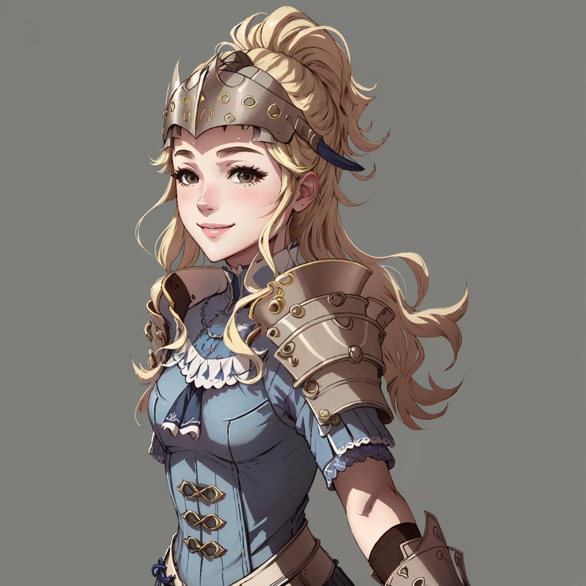 masterpiece, best quality, FE13-Style, fe13, Fire Emblem, Fire Emblem Awakening, clair, shoulder armor, blue dress, helmet, looking at viewer, smile, portrait, simple background, blue background <lora:FE13 Style v2:0.65> <lora:clair-nvwls-v1-final:0.8>