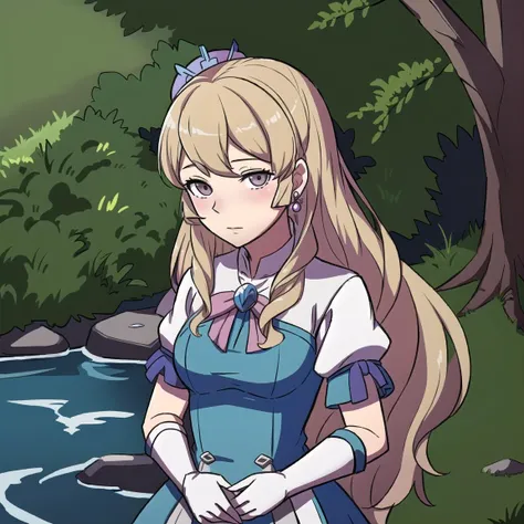 FE13, FE16, FE13-Style, Fire Emblem, Fire Emblem Awakening, norm, Maribelle \(Fire Emblem\), Maribelle \(Fire Emblem: Awakening\), 1girl, solo, blonde hair, bow, long hair, hair bow, drill hair, jewelry, earrings, gloves, dress, brown eyes, upper body, white bow, Constance \(Fire Emblem\), Constance \(Fire Emblem: Three Houses\), in a public park, small waterfall