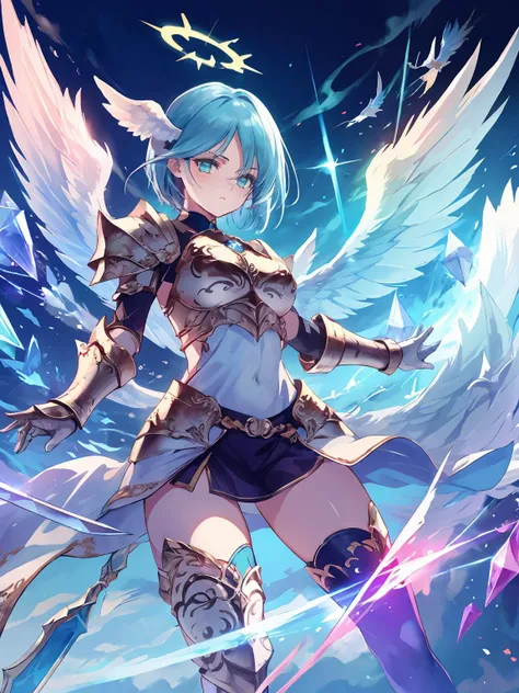 masterpiece,best quality,highres,cinematic lighting,dramatic angle,<lora:ShadowverseAetherV1:0.8> ,1girl,blue hair,short hair,wings,holding weapon,sword,serious,jewelry,gauntlets,aqua eyes,breastplate,armor,black thighhighs,thick thighs,hair ornament,cowboy shot,floating objects,crystals,glowing,magic,halo,looking at viewer