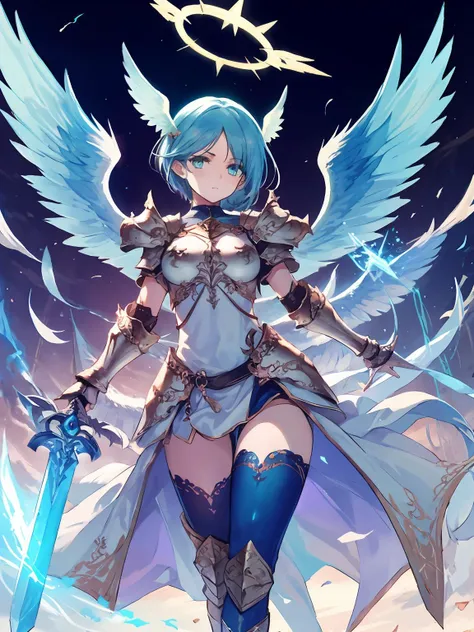 masterpiece,best quality,highres,cinematic lighting,dramatic angle,<lora:ShadowverseAetherV1:0.8> ,1girl,blue hair,short hair,wings,holding weapon,sword,serious,jewelry,gauntlets,aqua eyes,breastplate,armor,black thighhighs,thick thighs,hair ornament,cowboy shot,floating objects,crystals,glowing,magic,halo,looking at viewer