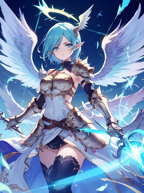 masterpiece,best quality,highres,cinematic lighting,dramatic angle,<lora:ShadowverseAetherV1:0.8> ,1girl,blue hair,short hair,wings,holding weapon,sword,serious,jewelry,gauntlets,aqua eyes,breastplate,armor,black thighhighs,thick thighs,hair ornament,cowboy shot,floating objects,crystals,glowing,magic,halo,looking at viewer,detached collar,sideboob,belt,jewelry,head wings,pointy ears