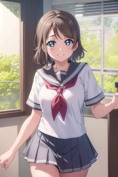 youwatanabe, <lora:you watanabe s2-lora-nochekaiser:1>,
you watanabe, short hair, blue eyes, brown hair, smile, grin,
BREAK skirt, school uniform, short sleeves, pleated skirt, serafuku, socks, neckerchief, kneehighs, black socks, (red neckerchief:1.2), grey skirt, uranohoshi school uniform,
BREAK indoors, classroom,
BREAK looking at viewer, (cowboy shot:1.5),
BREAK <lyco:GoodHands-beta2:1>, (masterpiece:1.2), best quality, high resolution, unity 8k wallpaper, (illustration:0.8), (beautiful detailed eyes:1.6), extremely detailed face, perfect lighting, extremely detailed CG, (perfect hands, perfect anatomy),