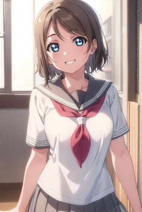 youwatanabe, <lora:you watanabe s2-lora-nochekaiser:1>,
you watanabe, short hair, blue eyes, brown hair, smile, grin,
BREAK skirt, school uniform, short sleeves, pleated skirt, serafuku, socks, neckerchief, kneehighs, black socks, (red neckerchief:1.2), grey skirt, uranohoshi school uniform,
BREAK indoors, classroom,
BREAK looking at viewer, (cowboy shot:1.5),
BREAK <lyco:GoodHands-beta2:1>, (masterpiece:1.2), best quality, high resolution, unity 8k wallpaper, (illustration:0.8), (beautiful detailed eyes:1.6), extremely detailed face, perfect lighting, extremely detailed CG, (perfect hands, perfect anatomy),