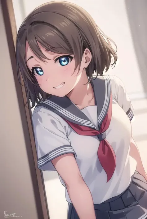 youwatanabe, <lora:you watanabe s2-lora-nochekaiser:1>,
you watanabe, short hair, blue eyes, brown hair, smile, grin,
BREAK skirt, school uniform, short sleeves, pleated skirt, serafuku, socks, neckerchief, kneehighs, black socks, (red neckerchief:1.2), grey skirt, uranohoshi school uniform,
BREAK indoors, classroom,
BREAK looking at viewer, (cowboy shot:1.5),
BREAK <lyco:GoodHands-beta2:1>, (masterpiece:1.2), best quality, high resolution, unity 8k wallpaper, (illustration:0.8), (beautiful detailed eyes:1.6), extremely detailed face, perfect lighting, extremely detailed CG, (perfect hands, perfect anatomy),