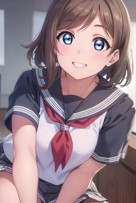 youwatanabe, <lora:you watanabe s2-lora-nochekaiser:1>,
you watanabe, short hair, blue eyes, brown hair, smile, grin,
BREAK skirt, school uniform, short sleeves, pleated skirt, serafuku, socks, neckerchief, kneehighs, black socks, (red neckerchief:1.2), grey skirt, uranohoshi school uniform,
BREAK indoors, classroom,
BREAK looking at viewer, (cowboy shot:1.5),
BREAK <lyco:GoodHands-beta2:1>, (masterpiece:1.2), best quality, high resolution, unity 8k wallpaper, (illustration:0.8), (beautiful detailed eyes:1.6), extremely detailed face, perfect lighting, extremely detailed CG, (perfect hands, perfect anatomy),