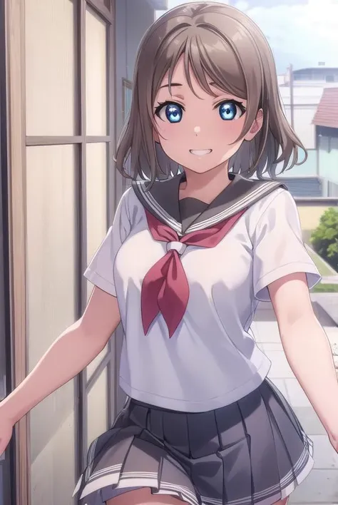youwatanabe, <lora:you watanabe s2-lora-nochekaiser:1>,
you watanabe, short hair, blue eyes, brown hair, smile, grin,
BREAK skirt, school uniform, short sleeves, pleated skirt, serafuku, socks, neckerchief, kneehighs, black socks, (red neckerchief:1.2), grey skirt, uranohoshi school uniform,
BREAK indoors, classroom,
BREAK looking at viewer, (cowboy shot:1.5),
BREAK <lyco:GoodHands-beta2:1>, (masterpiece:1.2), best quality, high resolution, unity 8k wallpaper, (illustration:0.8), (beautiful detailed eyes:1.6), extremely detailed face, perfect lighting, extremely detailed CG, (perfect hands, perfect anatomy),
