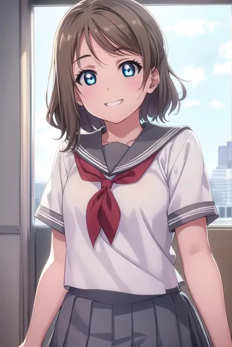 youwatanabe, <lora:you watanabe s2-lora-nochekaiser:1>,
you watanabe, short hair, blue eyes, brown hair, smile, grin,
BREAK skirt, school uniform, short sleeves, pleated skirt, serafuku, socks, neckerchief, kneehighs, black socks, (red neckerchief:1.2), grey skirt, uranohoshi school uniform,
BREAK indoors, classroom,
BREAK looking at viewer, (cowboy shot:1.5),
BREAK <lyco:GoodHands-beta2:1>, (masterpiece:1.2), best quality, high resolution, unity 8k wallpaper, (illustration:0.8), (beautiful detailed eyes:1.6), extremely detailed face, perfect lighting, extremely detailed CG, (perfect hands, perfect anatomy),