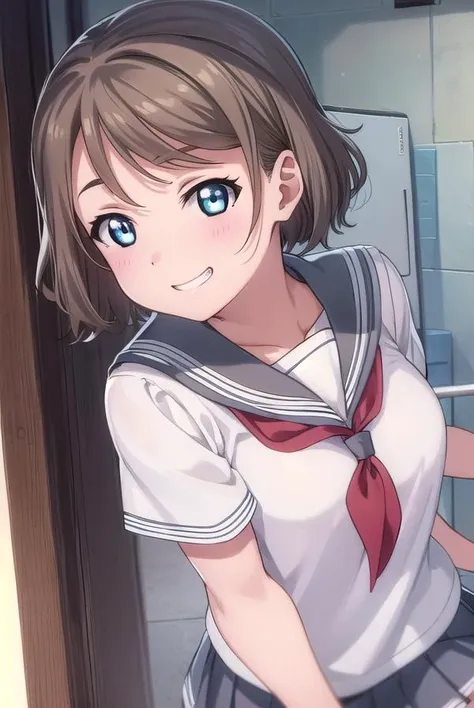 youwatanabe, <lora:you watanabe s2-lora-nochekaiser:1>,
you watanabe, short hair, blue eyes, brown hair, smile, grin,
BREAK skirt, school uniform, short sleeves, pleated skirt, serafuku, socks, neckerchief, kneehighs, black socks, (red neckerchief:1.2), grey skirt, uranohoshi school uniform,
BREAK indoors, classroom,
BREAK looking at viewer, (cowboy shot:1.5),
BREAK <lyco:GoodHands-beta2:1>, (masterpiece:1.2), best quality, high resolution, unity 8k wallpaper, (illustration:0.8), (beautiful detailed eyes:1.6), extremely detailed face, perfect lighting, extremely detailed CG, (perfect hands, perfect anatomy),