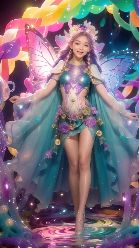 “Imagine a scene in an enchanted, futuristic forest where a cyborg fairy princess resides. She is a mesmerizing blend of delicate fairy beauty and advanced cybernetics. Her wings, a stunning lattice of bioluminescent fibers and micro-engineered metal, shimmer with iridescent colors, casting soft glows on the surroundings. Her attire is a fusion of royal elegance and high-tech armor, adorned with glowing gemstones and intricate circuit patterns. The forest is alive with both natural and digital life – trees with holographic leaves, flowers emitting soft LED lights, and tiny robotic creatures flitting around. The fairy princess is perched gracefully on a throne made of intertwining natural vines and sleek metal, her expression one of serene authority, reflecting her role as a guardian of both nature and technology. The atmosphere is magical yet subtly futuristic, with the forest bathed in the ethereal light of a binary moon, creating a scene that is both otherworldly and captivating.” Masterpiece, UHD.