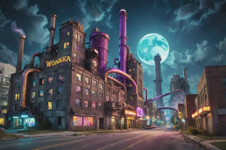 dramatic photo of a( willy wonka factory:1.2), destroyed city, destroying neon lights, award winning creature portrait photography, extremely detailed, artstation, 8 k, sensual lighting, incredible art, artgerm,
<lora:xl_more_art-full_v1:0.8> <lora:chara_YofukashiNoUta_Background_v1:0.8> yofukashi background, city, night, starry sky, moon, cityscape, chromatic aberration, skyscraper, city lights, building, road