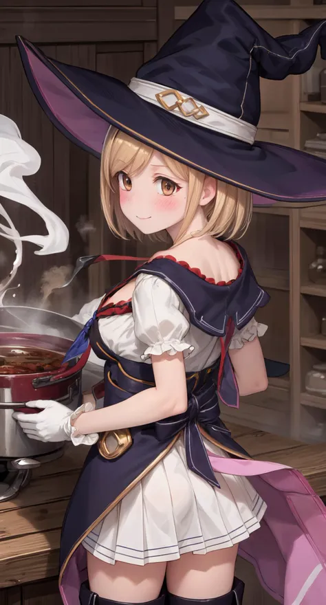 masterpiece, best quality, absurdres, illustration, 8k, perfect shadows, blush, skindentation,  hdr, ambiente lighting, cowboy shot, (shiny skin:1.2) perfect eyes, perfect face, (cute:1.1), eyelashes, lineart
Warlock, djeeta (granblue fantasy), 1girl, solo, hat, witch hat, thighhighs, gloves, skirt, collarbone, blush, skirt tug, white gloves, light smile, breasts, neckerchief, puffy short sleeves, frills, from above, cleavage, upper body. close up, brown eyes, from behind 
indoors, huge cauldron, atelier, flasks, smoke, cooking, holding laddle