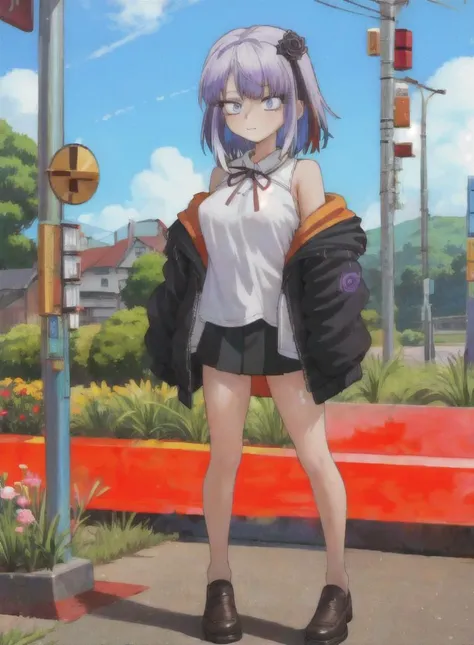 masterpiece, best quality, 1 girl, hotaru shidare, <lora:hotaru-dagashi-01:1>, full body, jacket, off shoulder, bus stop, vibrant colors, high saturation,