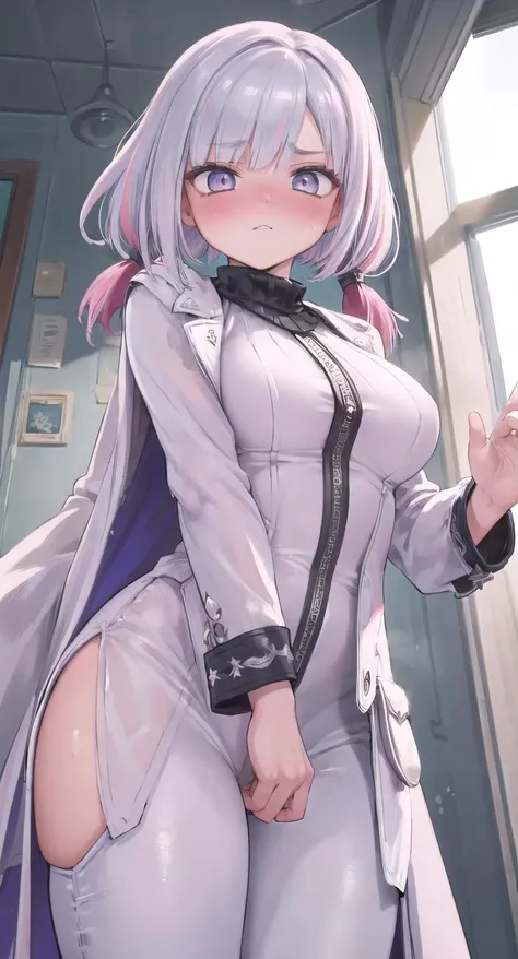 SFW, 1girl, solo focus, Masterpiece, best quality, perfect eyes, detailed eyes, (style of final fantasy:1.2), from below, looking at viewer, mature female, old, large Breasts, Petite, Embarrassed, Blush, Battle pose, pant suit, 20%silver trim, long hair, uneven twintails, colored inner hair, white hair, pink hair big hair, bob cut, translucent hair, grey hair Housecoat with open front, Rompers, silver trim nsfw