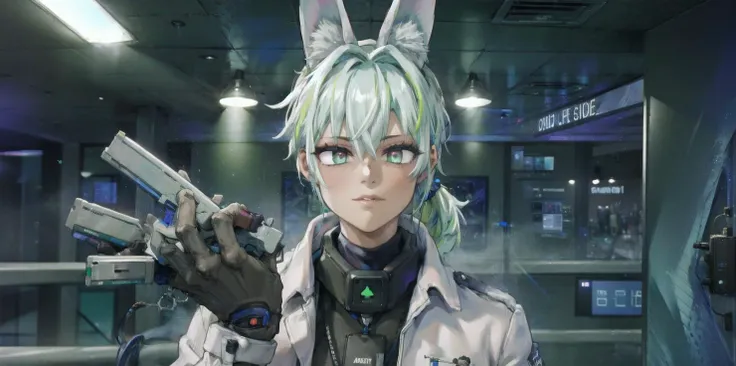 solo, 1girl, (white long fluffy bunny ears:1.5), (green hair:1.5), <lyco:GoodHands-beta2:1.0>, <lyco:image_compositionLoCon:1.0>,black military uniform, jacket, jet black skirt, red tie, oversized mechanical gauntlets, claws on fingers, violence, military,  <lora:[prosthetic quadruped,Quadruped machinery,mechanical tail,mechanical parts, robot joints,hydraulic system,headgear,four feet]:1.0>, mechanical parts, prosthetic quadruped, two legs, sfw, <lora:add_detail:0.5>, <lora:Lgirl-v6_500steps:-8.0>, hdr, bokeh, very long hair, (piercing robotic red eyes), human hands, small breasts,  <lora:the_matrix_movie_ar_offset:1.0>, the matrix movie