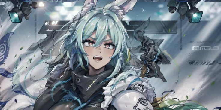 solo, 1girl, (white long fluffy bunny ears:1.5), (green hair:1.5), <lyco:GoodHands-beta2:1.0>, <lyco:image_compositionLoCon:1.0>,black military uniform, jacket, jet black skirt, red tie, oversized mechanical gauntlets, claws on fingers, violence, military,  <lora:[prosthetic quadruped,Quadruped machinery,mechanical tail,mechanical parts, robot joints,hydraulic system,headgear,four feet]:1.0>, mechanical parts, prosthetic quadruped, two legs, sfw, <lora:add_detail:0.5>, <lora:Lgirl-v6_500steps:-8.0>, hdr, bokeh, very long hair, (piercing robotic red eyes), human hands, small breasts, <lora:concept-expression_chart-v1:1.0>, expression chart,