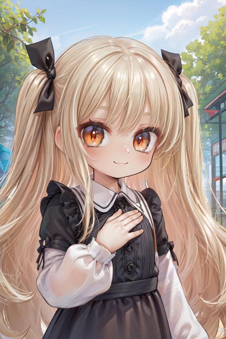 AS-YoungestV2, 1girl, (solo:1.1), (looking at viewer:1.2), (female child:1.4), (blonde hair, light brown hair:1.1), (very long hair:1.3), (wavy hair:1.2), (two side up:1.1), red eyes, orange eyes, (smile, closed mouth:1.2), (outdoors:1.1), (upper body:1.2), (black dress, puffy long sleeves:1.1), hand up