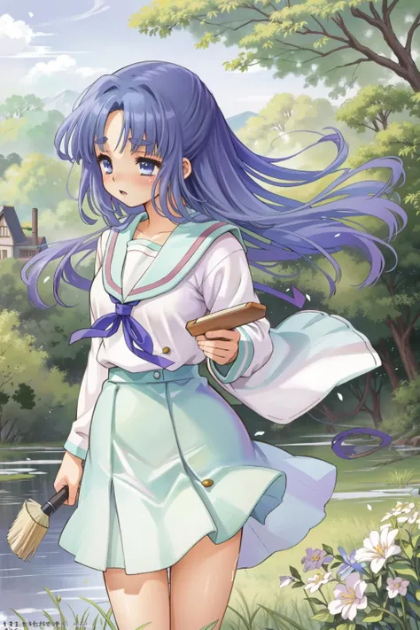 asakuraryouko, kita_high_school_uniform, <lora:Asakura_Ryouko:0.8>, rural landscape with a magical touch, painted in soft pastel colors by Miho Hirano, a vibrant and colorful illustration, with a dreamy and whimsical atmosphere, detailed with delicate brush strokes, inspired by fantasy and fairytales, trending on Artstation and DeviantArt.