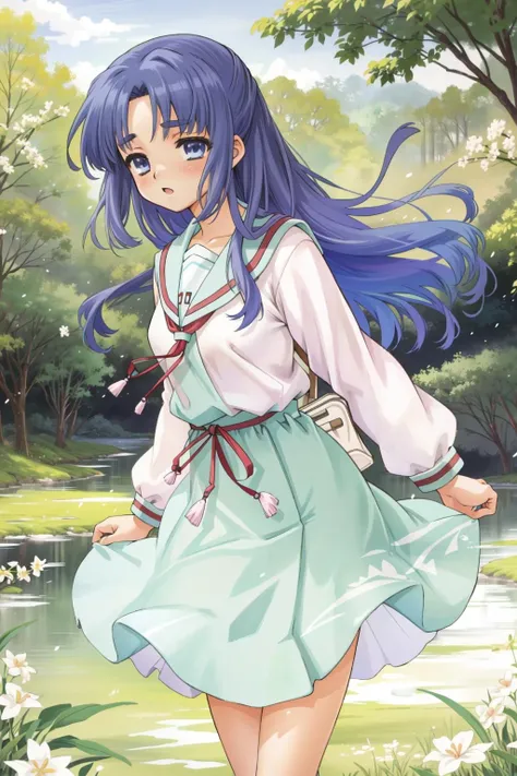 asakuraryouko, kita_high_school_uniform, <lora:Asakura_Ryouko:0.8>, rural landscape with a magical touch, painted in soft pastel colors by Miho Hirano, a vibrant and colorful illustration, with a dreamy and whimsical atmosphere, detailed with delicate brush strokes, inspired by fantasy and fairytales, trending on Artstation and DeviantArt.