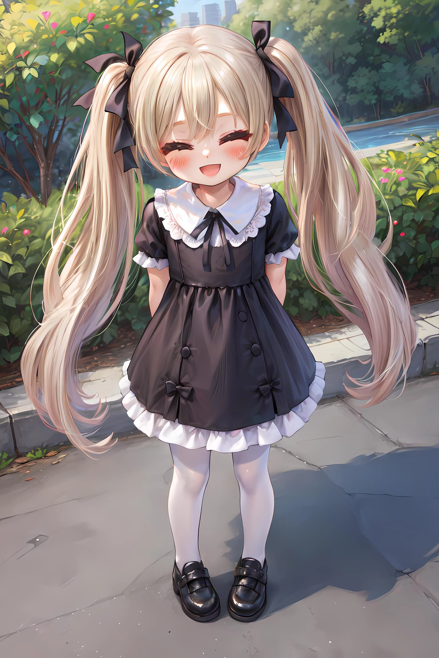 AS-YoungerV2, (picture-perfect:1.2), 1girl, (solo:1.1), (looking at viewer:1.2), (blonde hair, light brown hair:1.1), (very long hair:1.3), (wavy hair:1.2), (twintails:1.1), closed eyes, (smile, blush, :d:1.2), (outdoors:1.1), (full body:1.2), standing, (black dress, frilled dress, long dress, white pantyhose:1.1), short sleeves, from above, arms behind back, ribbon