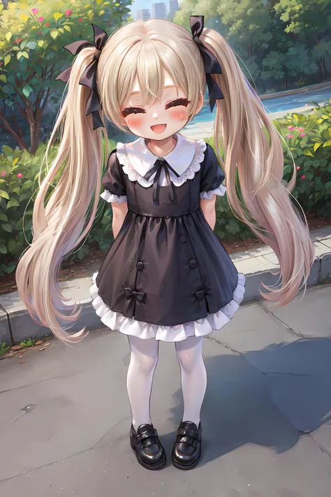 AS-YoungerV2, (picture-perfect:1.2), 1girl, (solo:1.1), (looking at viewer:1.2), (blonde hair, light brown hair:1.1), (very long hair:1.3), (wavy hair:1.2), (twintails:1.1), closed eyes, (smile, blush, :d:1.2), (outdoors:1.1), (full body:1.2), standing, (black dress, frilled dress, long dress, white pantyhose:1.1), short sleeves, from above, arms behind back, ribbon