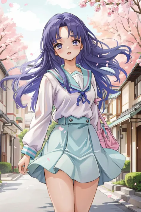 asakuraryouko, kita_high_school_uniform, <lora:Asakura_Ryouko:0.8>, bright and sunny outdoor setting, illustrated by ai yoshitome or laura london, background with pastel dreamy colors, with pink and blue hues, high resolution and sharp focus, art nouveau or manga inspired with detailed accessories, trending on artstation.