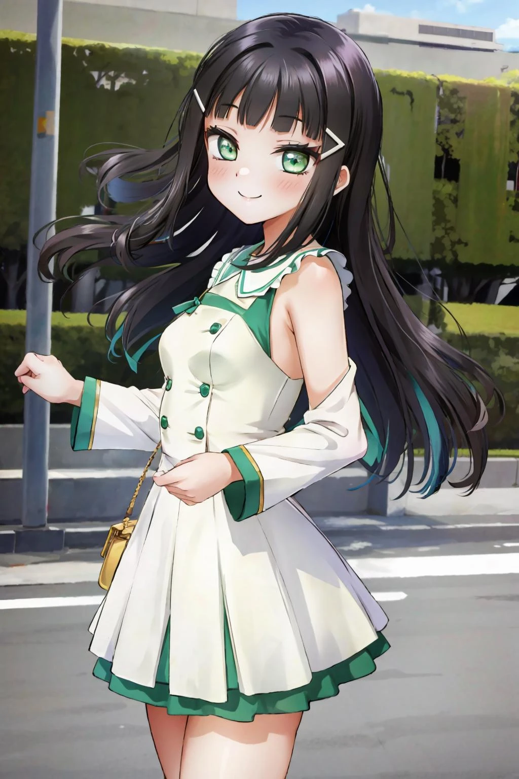 kurosawa dia, solo, kurosawa dia, green eyes, hair ornament, long hair, medium breasts, smile, outdoors, <lora:DiaLL_v2:0.6>