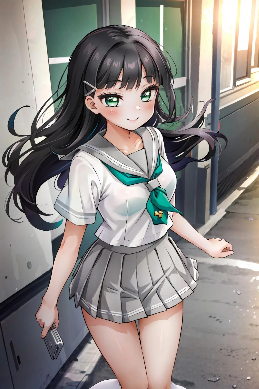 kurosawa dia, solo, kurosawa dia, green eyes, hair ornament, long hair, medium breasts, smile, <lora:DiaLL_v2:0.6>, uranohoshi school uniform, school uniform, short sleeves, pleated skirt, white serafuku, neckerchief, grey skirt, grey sailor collar, tie clip, green neckerchief,