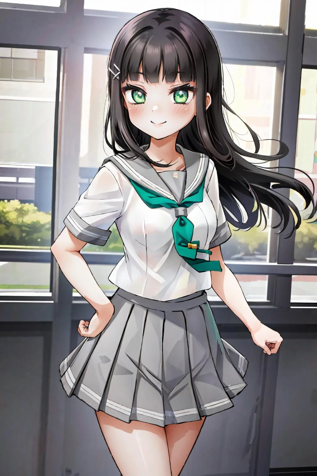 kurosawa dia, solo, kurosawa dia, green eyes, hair ornament, long hair, medium breasts, smile, <lora:DiaLL_v2:0.6>, uranohoshi school uniform, school uniform, short sleeves, pleated skirt, white serafuku, neckerchief, grey skirt, grey sailor collar, tie clip, green neckerchief,