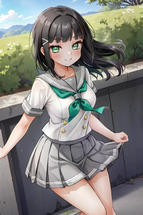 kurosawa dia, solo, kurosawa dia, green eyes, hair ornament, long hair, medium breasts, smile, outdoors, <lora:DiaLL_v2:0.6>, uranohoshi school uniform, school uniform, short sleeves, pleated skirt, white serafuku, neckerchief, grey skirt, grey sailor collar, tie clip, green neckerchief,