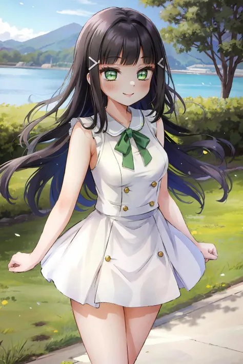 kurosawa dia, solo, kurosawa dia, green eyes, hair ornament, long hair, medium breasts, smile, outdoors, <lora:DiaLL_v2:0.6>