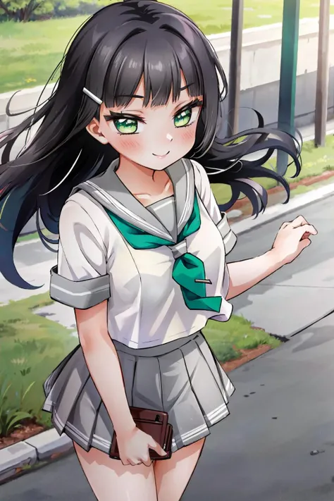 kurosawa dia, solo, kurosawa dia, green eyes, hair ornament, long hair, medium breasts, smile, outdoors, <lora:DiaLL_v2:0.6>, uranohoshi school uniform, school uniform, short sleeves, pleated skirt, white serafuku, neckerchief, grey skirt, grey sailor collar, tie clip, green neckerchief,