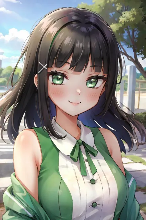 kurosawa dia, solo, kurosawa dia, green eyes, hair ornament, long hair, medium breasts, smile, outdoors, <lora:DiaLL_v2:0.6>