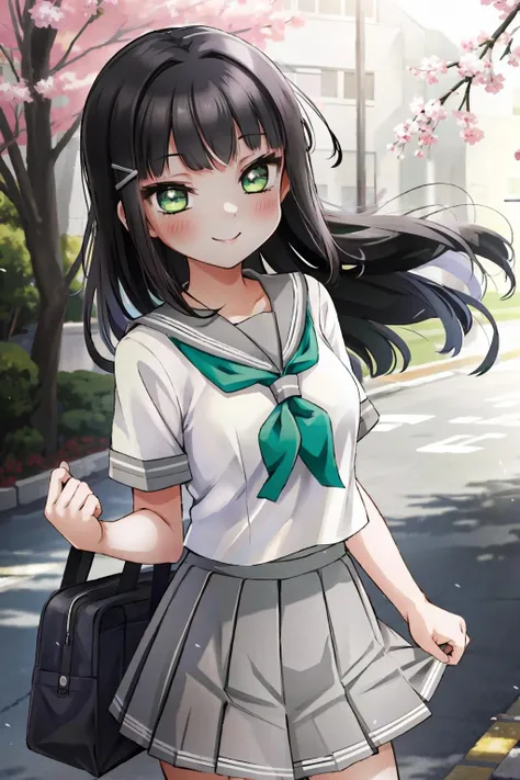 kurosawa dia, solo, kurosawa dia, green eyes, hair ornament, long hair, medium breasts, smile, outdoors, <lora:DiaLL_v2:0.6>, uranohoshi school uniform, school uniform, short sleeves, pleated skirt, white serafuku, neckerchief, grey skirt, grey sailor collar, tie clip, green neckerchief,