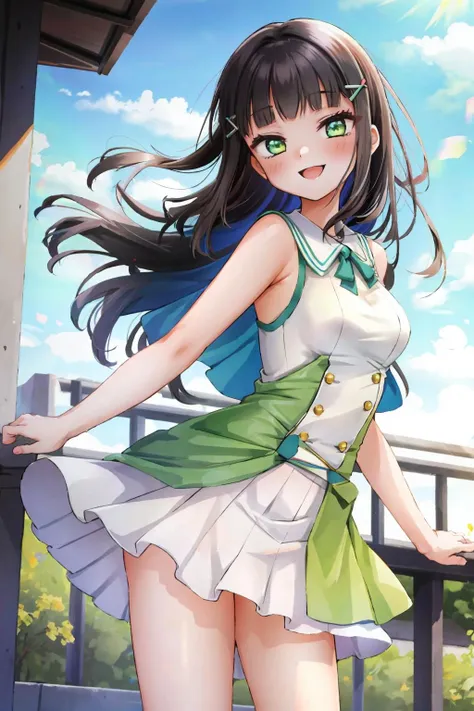 kurosawa dia, solo, kurosawa dia, green eyes, hair ornament, long hair, medium breasts, smile, outdoors, <lora:DiaLL_v2:0.6>