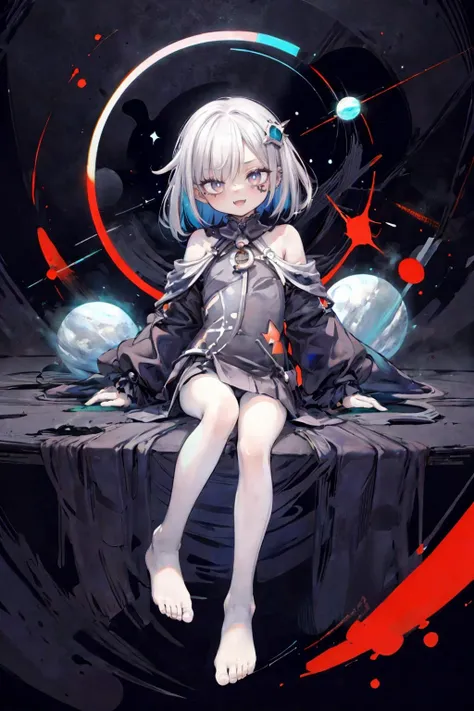 (flat color:1.3),(colorful:1.3),(masterpiece:1.2), best quality, masterpiece, original, extremely detailed wallpaper, mature, looking at viewer,1girl,solo, illustration, abstract background, silver hair, long eyelashes, colored eyelashes, (sharp eyes:1), multicolored background, light rays, hair ornament, kareido \(kaleidoscope\), full body, sitting, (glowing), stars, planets, <lora:LunarPunkAI:1> <lora:add_detail:0.7>