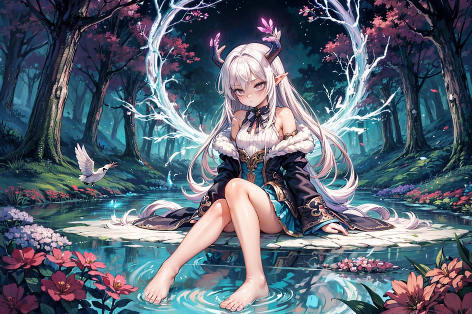 (masterpiece, top quality, best quality, beautiful and aesthetic:1.3), (1girl:1.3), (fractal art:1.3), original, extreme detailed, colorful, enchanted forest, nature, trees, dryad, antlers, pointy ears, flowers, active pose, full body, flower hair, bright color hair, glowing hair, divine, goddess, barefoot, doll face, upturned eyes, long eyelashes, animals, birds, sitting, (nude:0.5), looking away, ((glowing water)), middle of a lake, flower bed, ((wisps)), (night), petite <lora:add_detail:0.7>