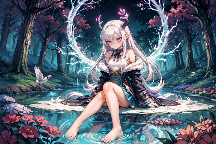 (masterpiece, top quality, best quality, beautiful and aesthetic:1.3), (1girl:1.3), (fractal art:1.3), original, extreme detailed, colorful, enchanted forest, nature, trees, dryad, antlers, pointy ears, flowers, active pose, full body, flower hair, bright color hair, glowing hair, divine, goddess, barefoot, doll face, upturned eyes, long eyelashes, animals, birds, sitting, (nude:0.5), looking away, ((glowing water)), middle of a lake, flower bed, ((wisps)), (night), petite  <lora:add_detail:0.7>