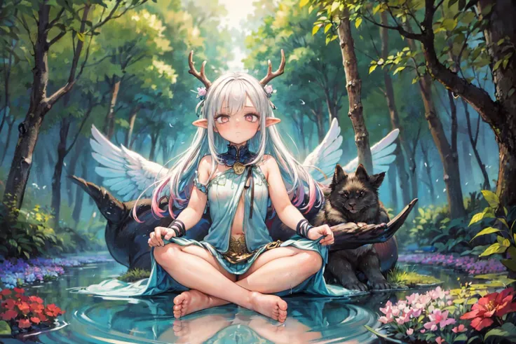 (masterpiece, top quality, best quality, beautiful and aesthetic:1.3), (1girl:1.3), (fractal art:1.3), original, extreme detailed, colorful, enchanted forest, nature, trees, dryad, antlers, pointy ears, flowers, active pose, full body, flower hair, bright color hair, glowing hair, divine, goddess, barefoot, doll face, upturned eyes, long eyelashes, animals, birds, sitting, (nude:0.5), looking away, ((glowing water)), middle of a lake, flower bed, ((wisps)), (night), petite <lora:add_detail:0.7>