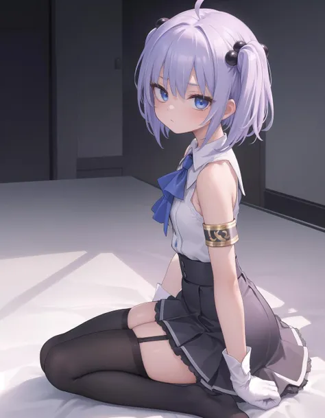 masterpiece, best quality, highres, 1girl ninym ralei hair bobbles ahoge, sleeveless bare shoulders armband neck ribbon black ascot white shirt blue dress black skirt white gloves black thighhighs garter straps <lora:ninym_ralei:1> sitting, from side, looking at viewer