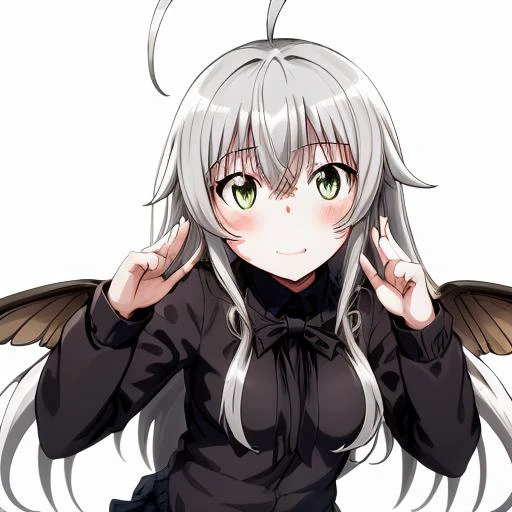 <lora:Nyaruko:1>, 1 girl; wings; silver hair, long hair, long sleeves, masterpiece, ahoge, haiyore! nyaruko-san, cute, evil grin, victory pose,