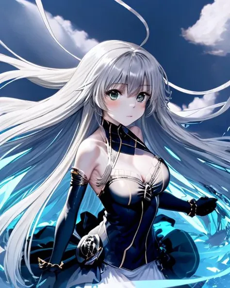 <lora:Nyaruko:1>, 1girl, ahoge, bangs, bare_shoulders, black_gloves, blue_sky, blush, breasts, building, castle, cleavage, cloud, cloudy_sky, day, dress, elbow_gloves, eyebrows_visible_through_hair, floating_hair, gloves, long_hair, looking_at_viewer, medium_breasts, outdoors, silver_hair, sky, solo, standing, tower, very_long_hair