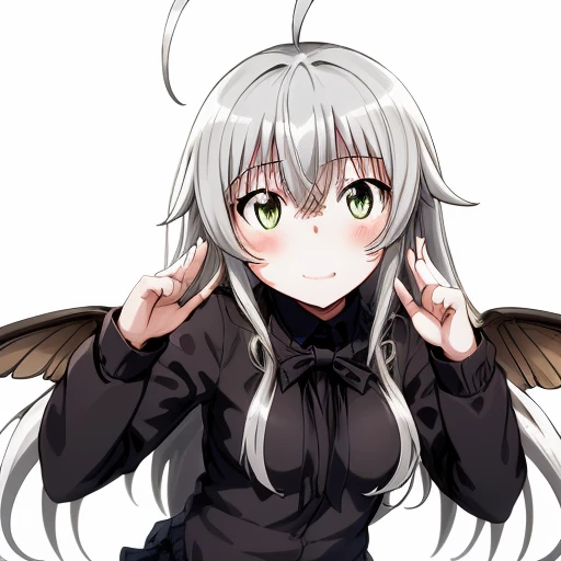 <lora:Nyaruko:1>, 1 girl; wings; silver hair, long hair, long sleeves, masterpiece, ahoge, haiyore! nyaruko-san, cute, evil grin, victory pose,