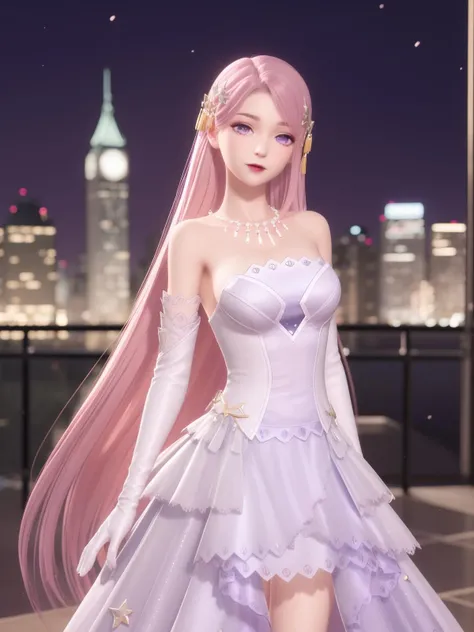SYNNxinzhimeng, solo, 1girl,dress, long hair, elbow gloves, pink hair, hair ornament, purple eyes,bare shoulders, standing, strapless,medium breasts,jewelry,necklace,makeup, cityscape, night, looking at viewer,hand on hip, <lora:SYNNxinzhimengXX:0.75>,mature female,