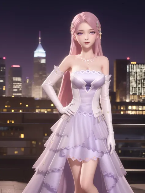 SYNNxinzhimeng, solo, 1girl,dress, long hair, elbow gloves, pink hair, hair ornament, purple eyes,bare shoulders, standing, strapless,medium breasts,jewelry,necklace,makeup, cityscape, night, looking at viewer,hand on hip,  <lora:SYNNxinzhimengXX:0.75>,mature female,