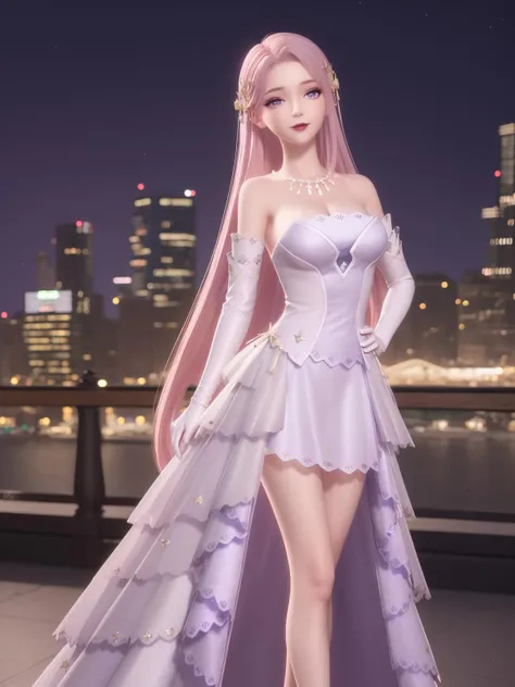 SYNNxinzhimeng, solo, 1girl,dress, long hair, elbow gloves, pink hair, hair ornament, purple eyes,bare shoulders, standing, strapless,medium breasts,jewelry,necklace,makeup, cityscape, night, looking at viewer,hand on hip, <lora:SYNNxinzhimengXX:0.75>,mature female,