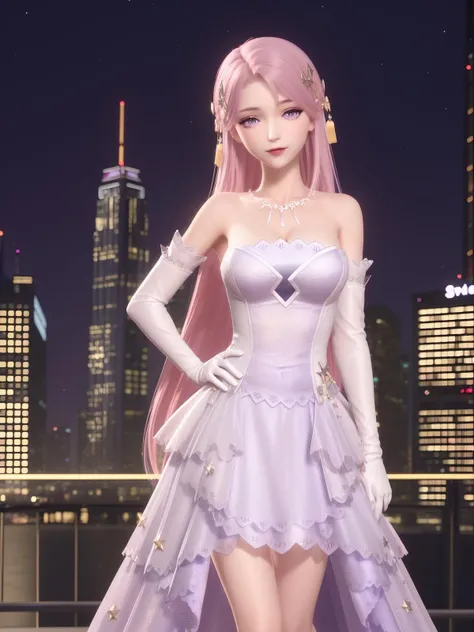 SYNNxinzhimeng, solo, 1girl,dress, long hair, elbow gloves, pink hair, hair ornament, purple eyes,bare shoulders, standing, strapless,medium breasts,jewelry,necklace,makeup, cityscape, night, looking at viewer,hand on hip,  <lora:SYNNxinzhimengXX:0.75>,mature female,