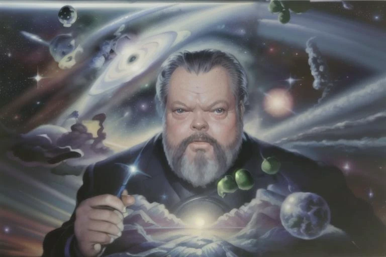 surreal airbush painting of Orson Welles floating in space with peas, nebula and galaxy in background <lora:OrsonWelles:1>